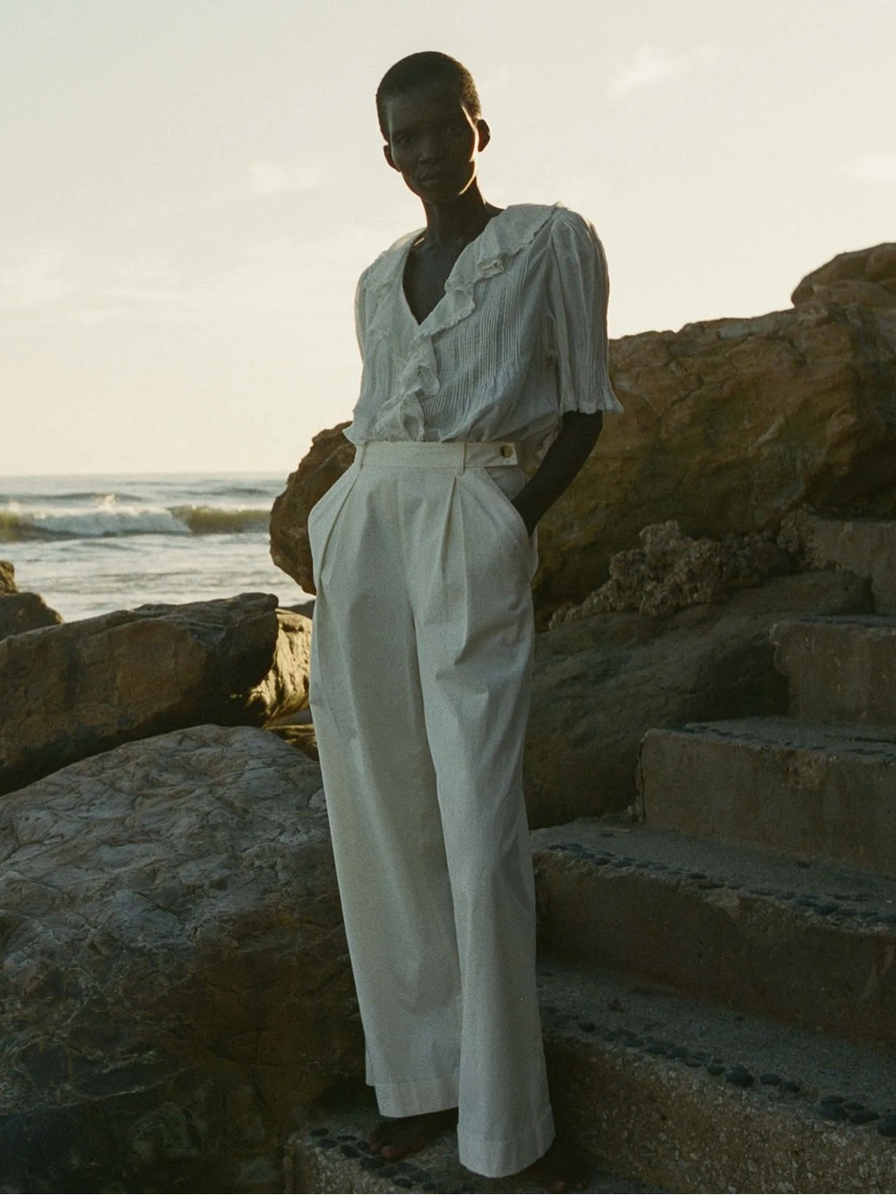 DÔEN | Hilaire Cotton High Waist Wide Leg Cuff Palazzo Pants Trousers Salt White